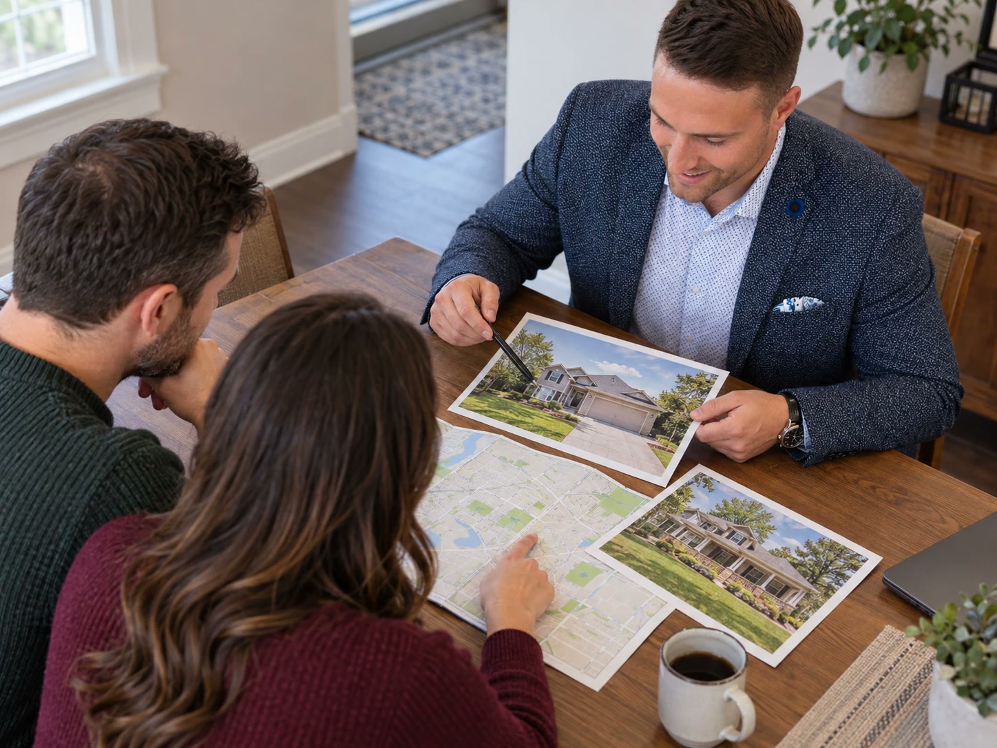 Mackenzie Hinschberger going over a map and listing photos with a young couple