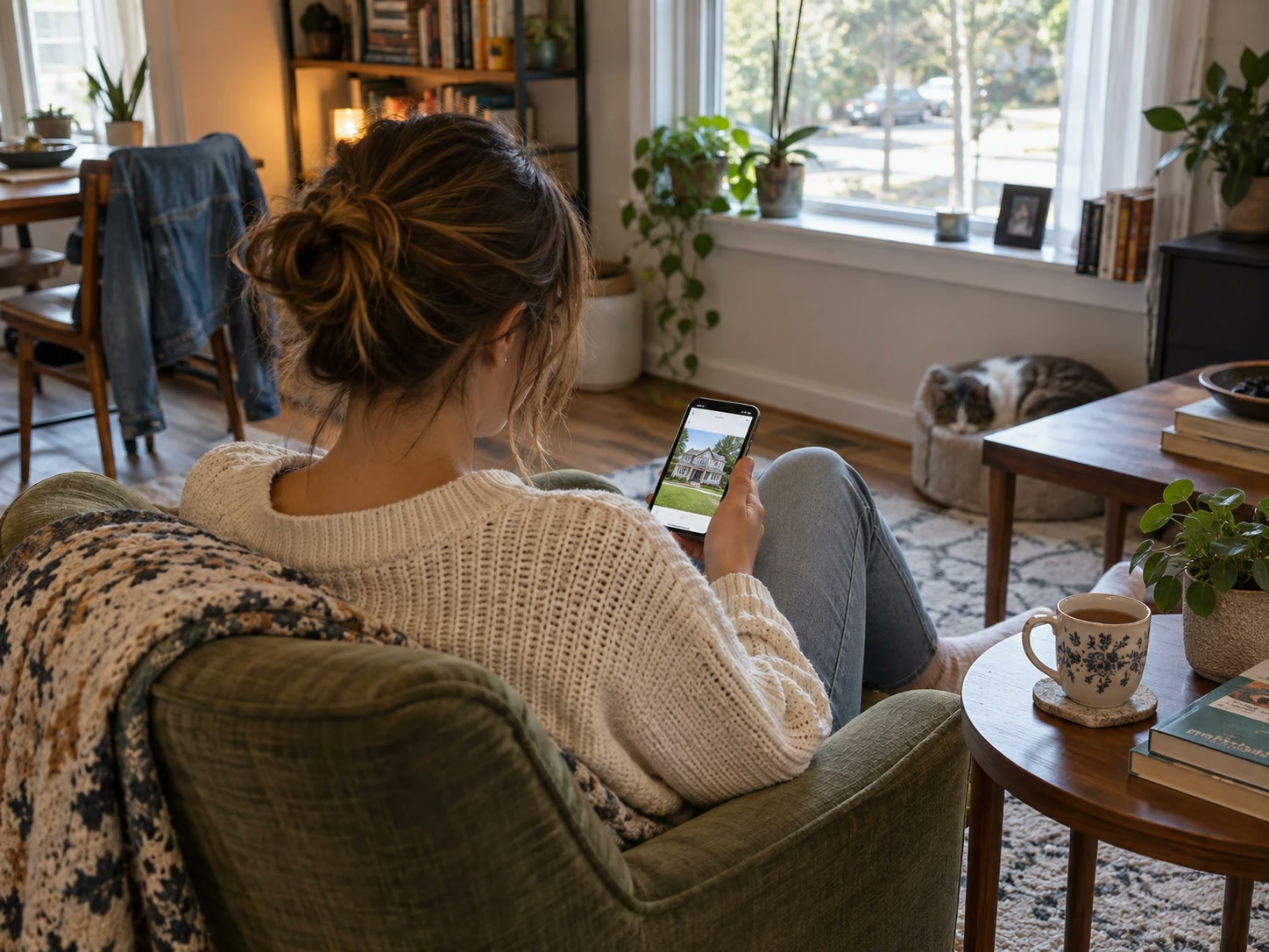 A woman browsing homes for sale on her phone at home