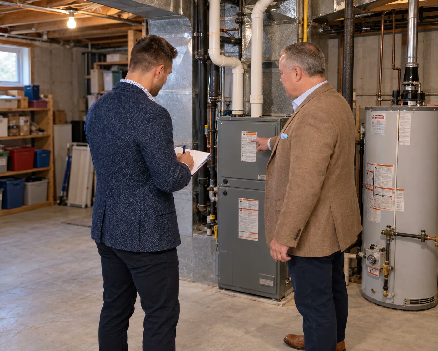 Mackenzie and Dan Hinschberger looking over a furnace and water heater